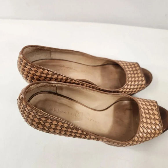 Objects IN Mirror Vero Cuoio Peep Toe Woven 2" Heel Shoes Womens 37.5 Brown - Picture 6 of 13